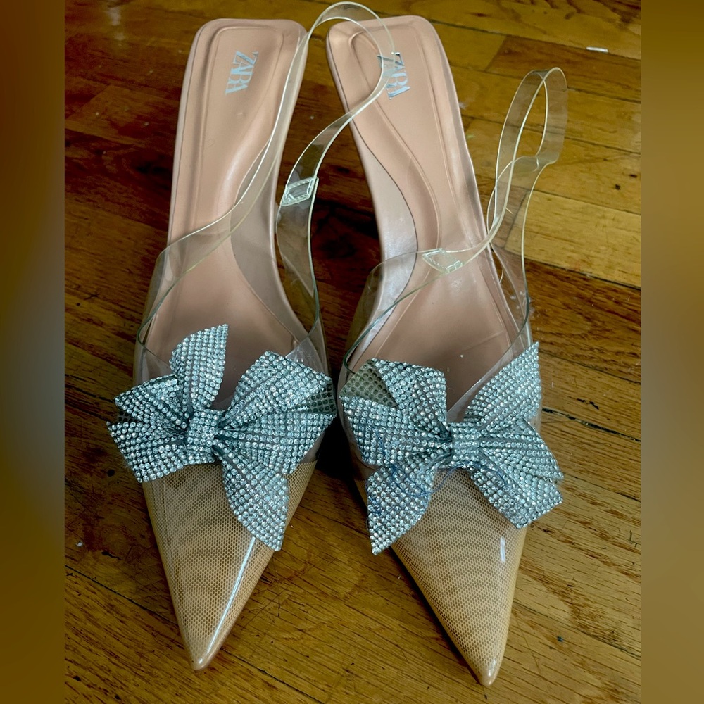 Zara crystal diamanté bow clear transparent nude slingback sz 41